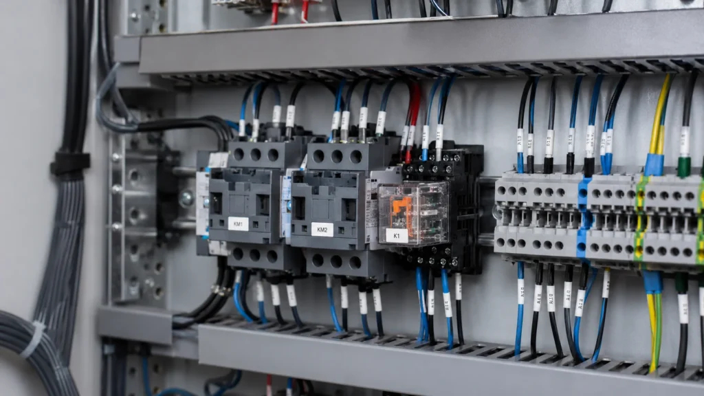 A general purpose relay installed in an industrial control panel alongside contactors and terminal blocks