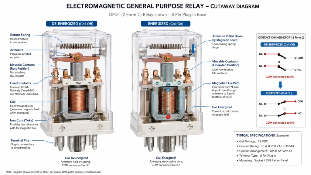 Cutaway diagram of an electromagnetic general purpose relay showing coil, core, armature, spring, and contact sets in both energized and de energized states