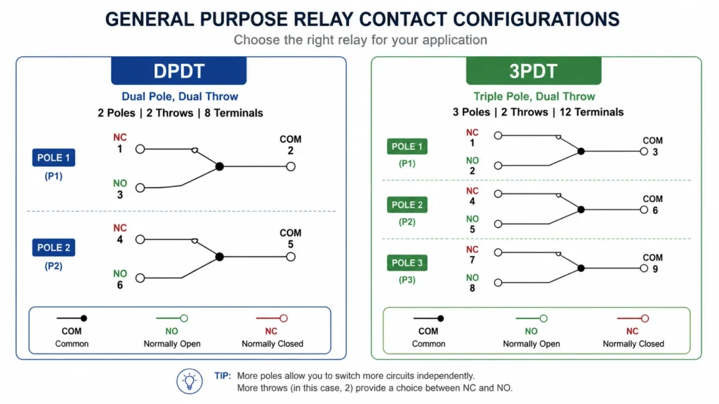 DPDT and 3PDT contact configuration diagrams for general purpose relay selection