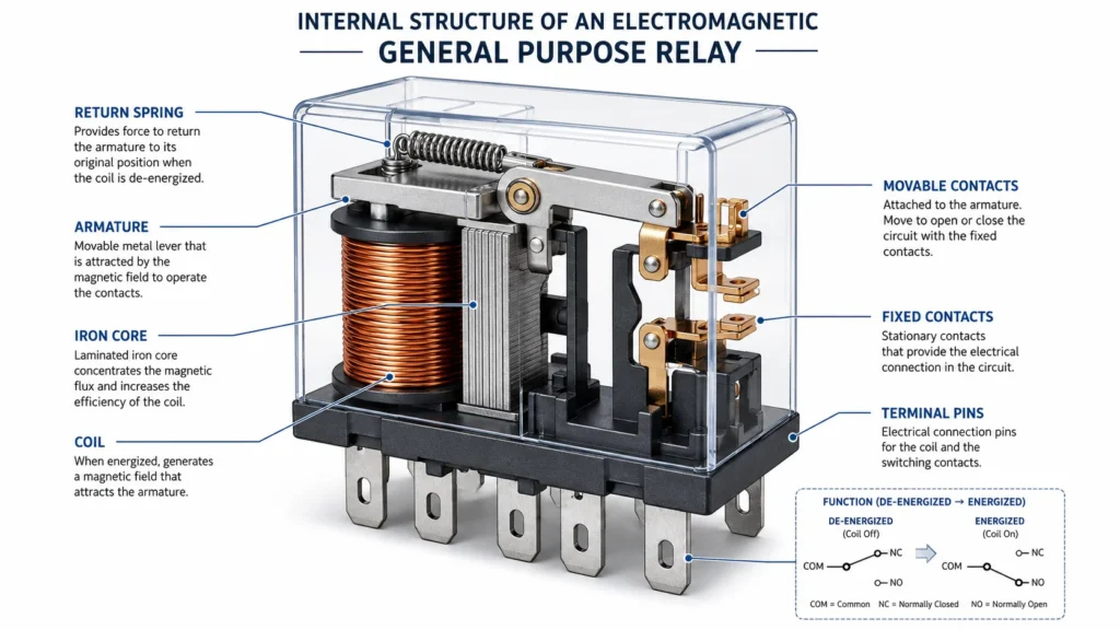 Internal structure of an electromagnetic general purpose relay showing coil, armature, and contact sets