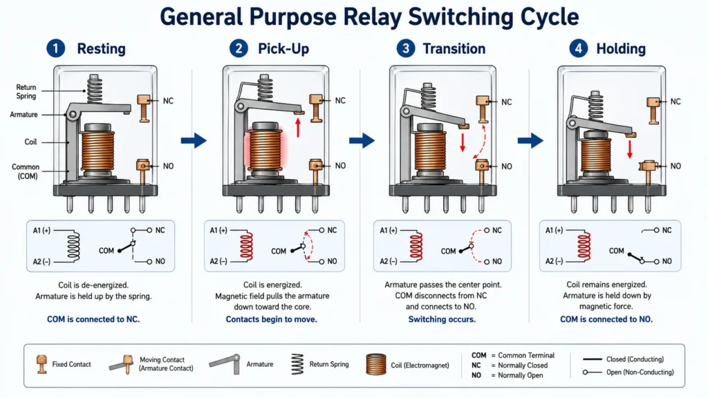 Sequence diagram of a general purpose relay switching cycle showing four states resting, pick up, transition, and holding